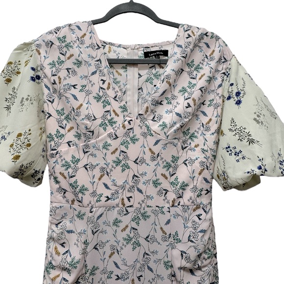New! Lea & Viola Floral Puff-Sleeve Sheath Dress, v-neck, pink & cream, small - Picture 4 of 7